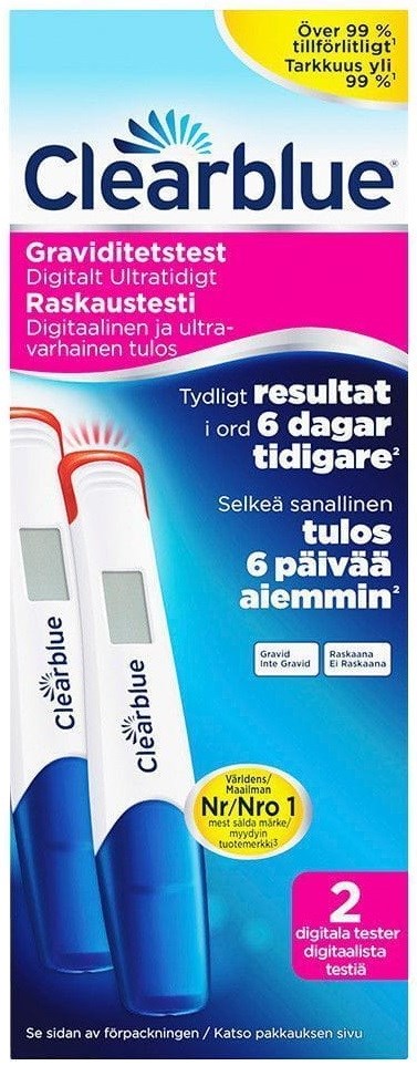 Eine Packung Clearblue Schwangerschaftstest mit digitaler Anzeige, schnelle Ergebnisse in sechs Tagen, mit zwei Tests.