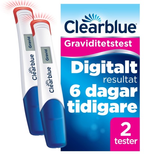 Eine Packung Clearblue Schwangerschaftstests mit einem Ergebnis, das 6 Tage früher ist, und zwei Teststäbchen daneben.