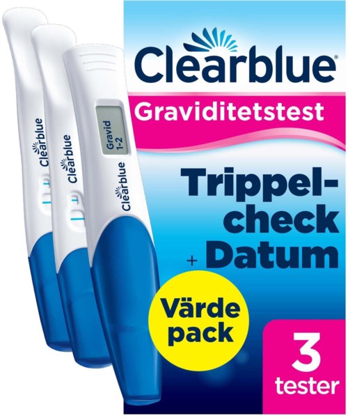 Drei Schwangerschaftstests vor Verpackung mit blauen, pinkfarbenen und gelben Etiketten. Text auf Deutsch.