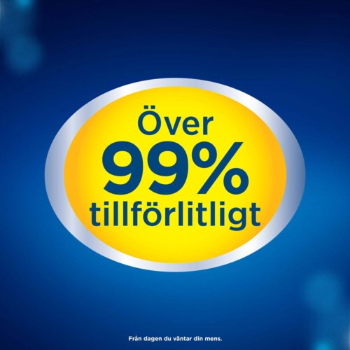 Gelber Kreis mit blauer Schrift sagen über 99% zuverlässig. Kleiner Text darunter auf Deutsch über Warten seitdem.