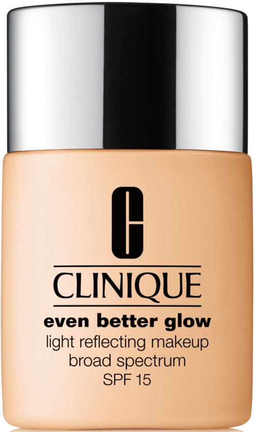 En flaska med Clinique-foundation märkt 'even better glow' med SPF 15 för ljusreflekterande makeup.