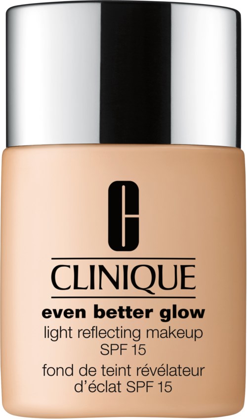 En flaska av Clinique foundation märkt 'even better glow' med SPF 15 och beige färg.