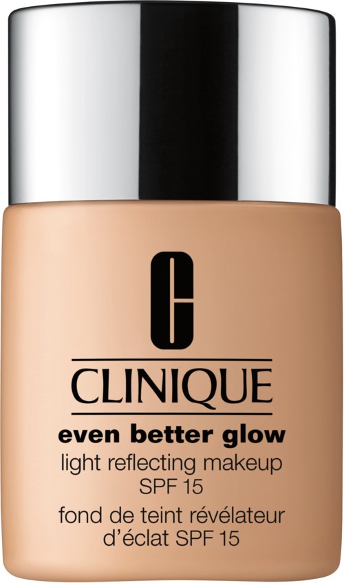 En Clinique-foundationsflaska märkt 'even better glow' med SPF 15, beige färg och silverlock.