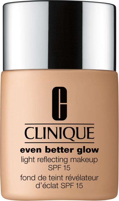 Clinique foundation flaska med silverlock, beige färg och svart text, märkt för ljusreflekterande smink, SPF 15.