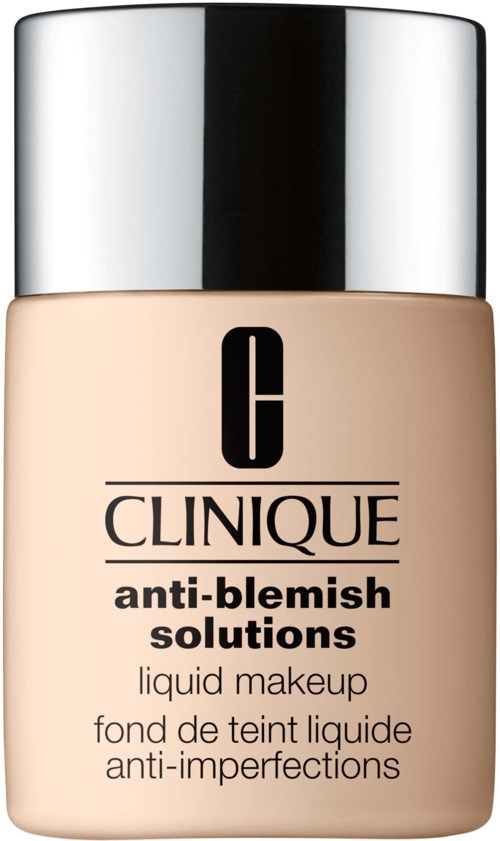 A beige bottle with a silver cap labeled Clinique anti-blemish liquid makeup for skin imperfections.