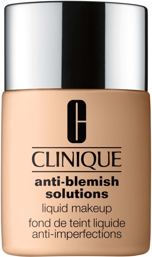 A bottle of Clinique anti-blemish liquid makeup with a silver cap and beige label.