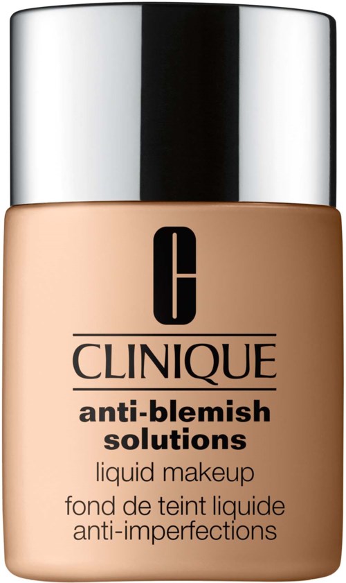 A beige bottle of Clinique liquid makeup with a silver cap and black text reading "anti-blemish solutions."