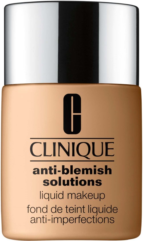 Een flesje Clinique anti-blemish vloeibare make-up met een zilveren dop en beige container.