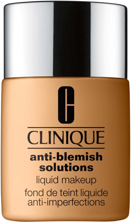 A Clinique bottle labeled 'anti-blemish solutions' contains liquid makeup for skin imperfections.
