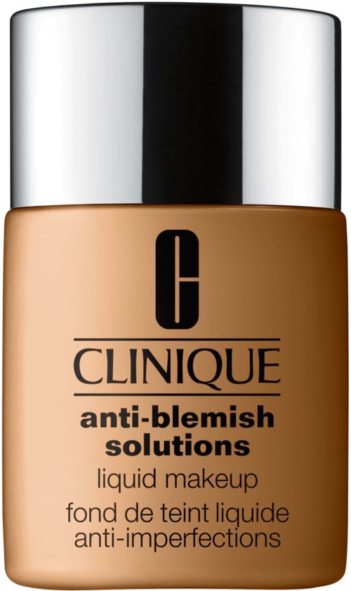 A beige liquid foundation bottle from Clinique with a shiny silver cap and black text.