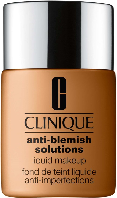 Een fles Clinique anti-blemish vloeibare make-up met zilveren deksel en beige label.