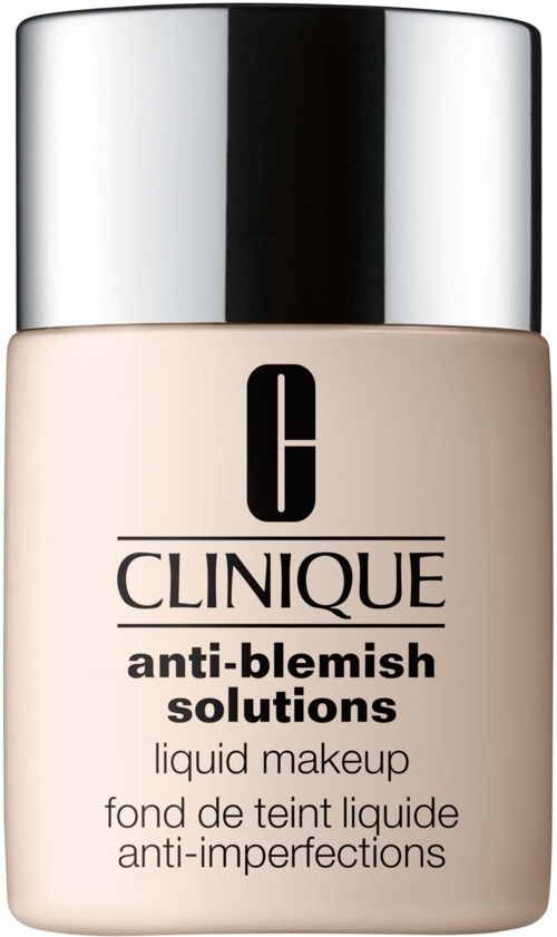 A bottle of Clinique anti-blemish liquid makeup with a silver cap. It is designed to reduce skin imperfections.