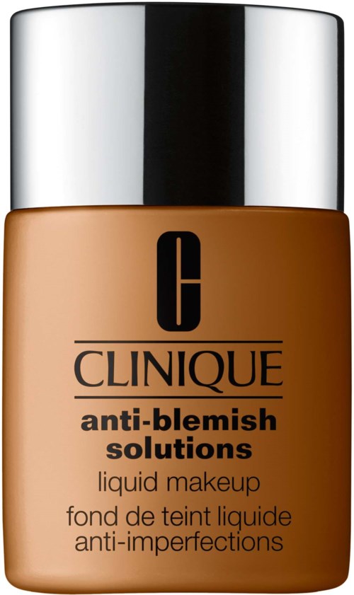 Een beige fles met een zilveren deksel, gelabeld Clinique anti-blemish solutions vloeibare make-up.