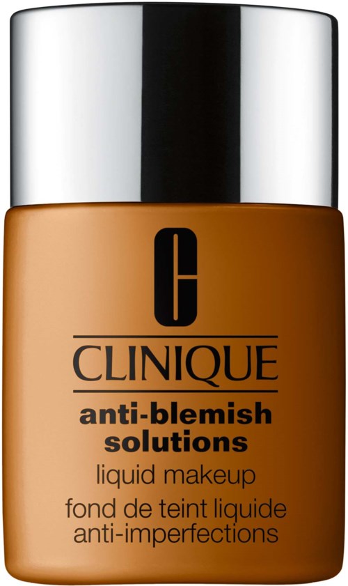 A bottle of Clinique anti-blemish liquid makeup with black text on a tan background and a shiny silver cap.