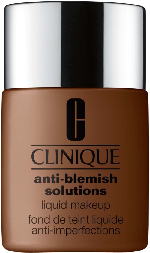 A Clinique bottle with brown liquid, black cap, and label stating anti-blemish solutions for liquid makeup.