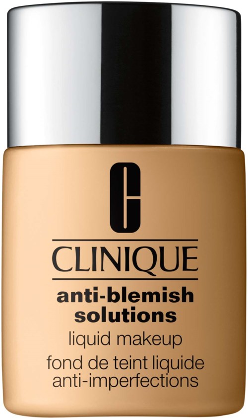 A Clinique liquid makeup bottle labeled anti-blemish solutions, in beige color with a silver cap.