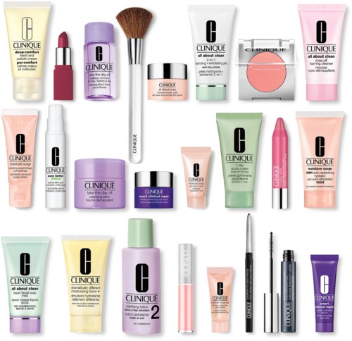 En samling av Clinique hudvårds- och makeupprodukter, inklusive krämer, läppstift, borstar och masker i olika färger.