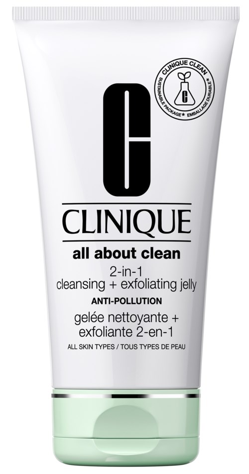 Een witte tube met Clinique huidverzorgingsproduct genaamd 'all about clean' met zwarte tekst en groen deksel.