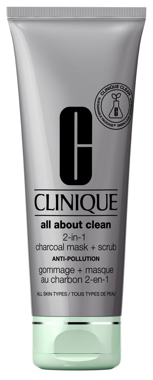 Een zilver-groene tube van Clinique all about clean 2-in-1 masker en scrub voor alle huidtypes.