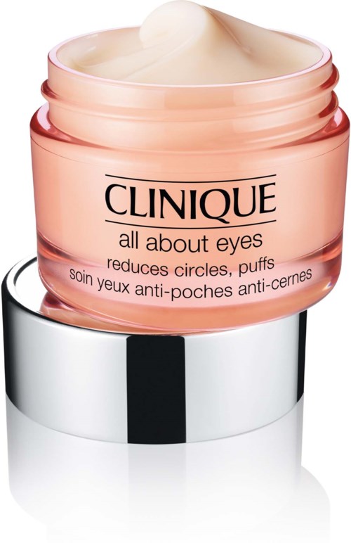 A pink jar of Clinique eye cream with cream inside and a silver lid.