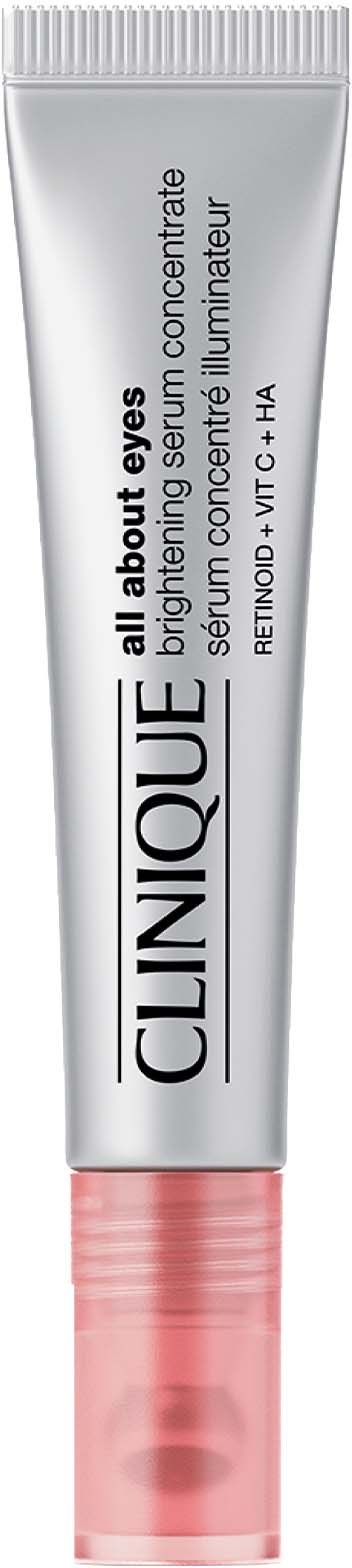 Een zilveren en roze tube van Clinique All About Eyes oogserum, staand rechtop.