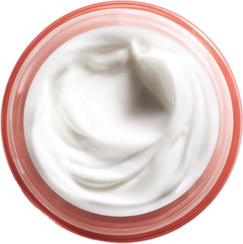 Een ronde container gevuld met witte, romige yoghurt of iets dergelijks, van bovenaf gezien.