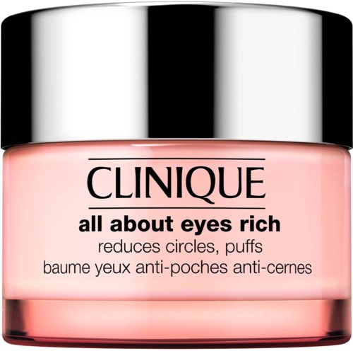 Clinique all about eyes rich ögonkräm burk med rosa innehåll och svart och silverlock.