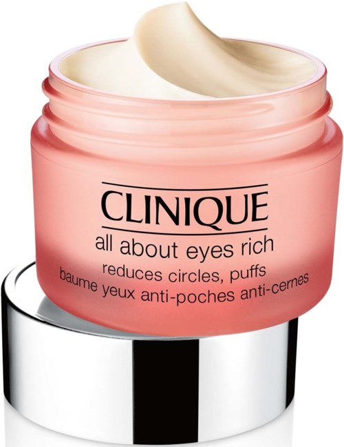Clinique All About Eyes Rich ögonkräm i en rosa burk med en silverlock.