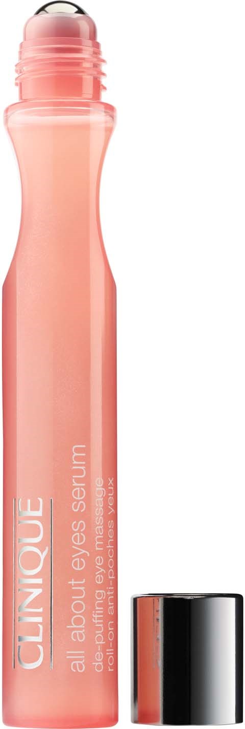 En rosa, cylinderformad kosmetisk produkt med svart lock, märkt som 'All About Eyes Serum', i en stilren flaska.