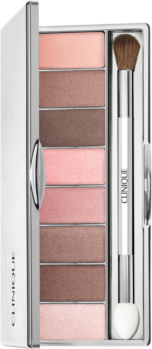Een make-up palette met zes roze, bruine en beige tinten en een kwast in een zilveren doos.
