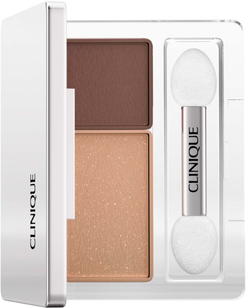 A white rectangular makeup compact with two powder sections and a small brush inside.