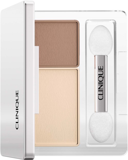 A Clinique makeup compact with two shades and a dual-ended applicator sponge.