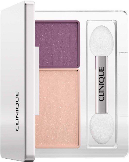 A Clinique makeup compact with two blush shades and a dual-ended sponge applicator.