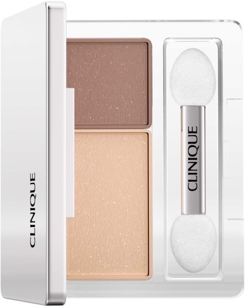 A Clinique makeup compact with two shades of powder and a small sponge applicator.
