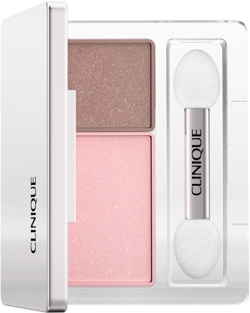 A Clinique makeup case with two blush shades and a small applicator sponge.