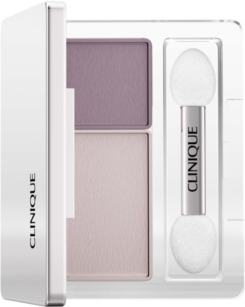A Clinique makeup set with purple and pink eyeshadows, a small brush, and a lid for application.