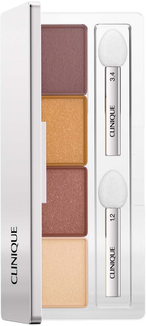 Een Clinique make-uppalet met vier oogschaduwkleuren en twee kleine applicators voor aanbrengen.