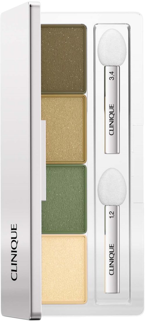A Clinique eyeshadow palette with four colors and two applicators for makeup. The colors are brown, gold, green, and light yellow.