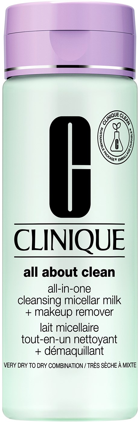 Een cilindervormige fles met een paarse dop, gelabeld 'Clinique all about clean' voor make-up verwijdering en reiniging.