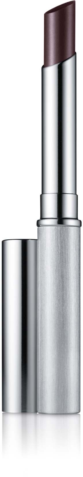 Een zilveren en bruine lipstick in een stijlvolle huls, rechtopstaand, met een iets open deksel die de lipstick onthult.