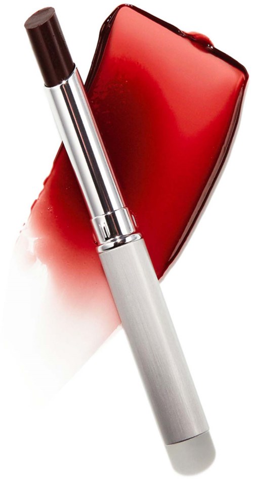 Een rood lippenstiftkoker met lippenstift en een lippenstift ervoor.