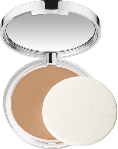 Een compact met poederfoundation en een witte applicatiespons in een glimmend zilveren doos.