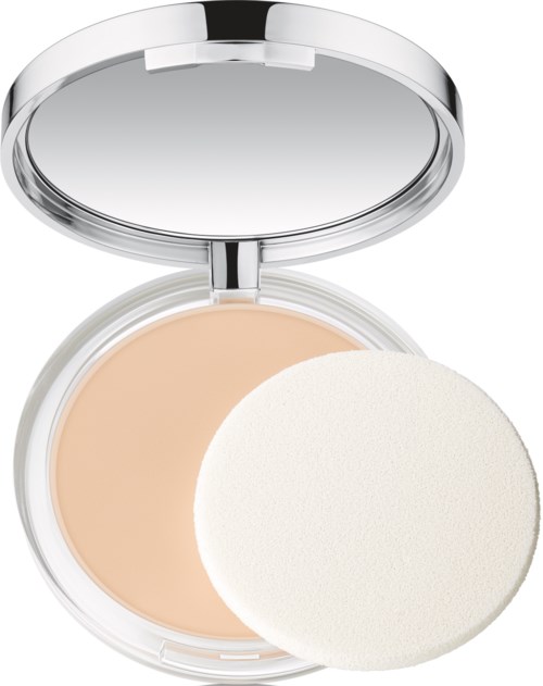 Een compacte met spiegel, beige foundation en een ronde spons om aan te brengen.