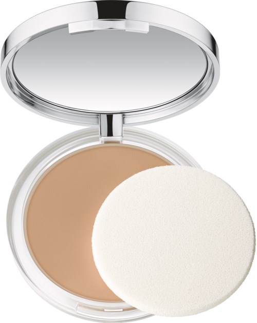 Een kleine spiegel met beige poeder en een witte spons erin. De spiegel is open en glanzend.