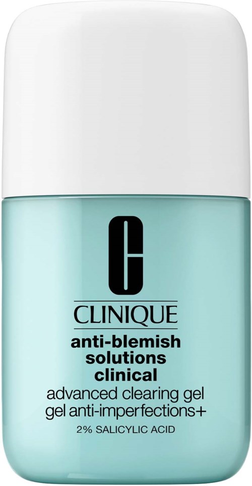 Een Clinique-fles met lichtblauwe gel tegen onzuiverheden. Bevat 2% salicylzuur.