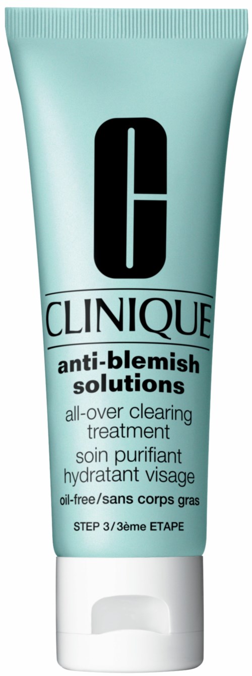 Lichtblauwe tube van Clinique anti-blemish solutions voor een heldere huid, olie-vrij, met stapsgewijze instructies.