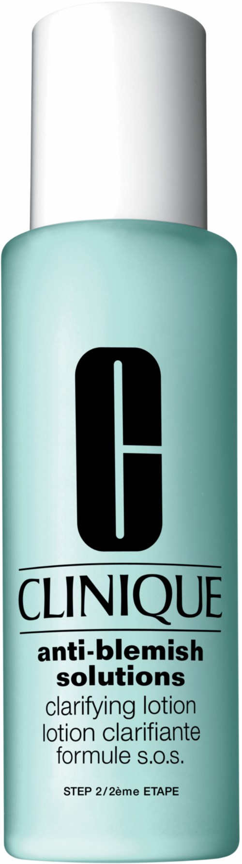Een turquoise fles met witte dop met label Clinique anti-blemish solutions clarifying lotion.