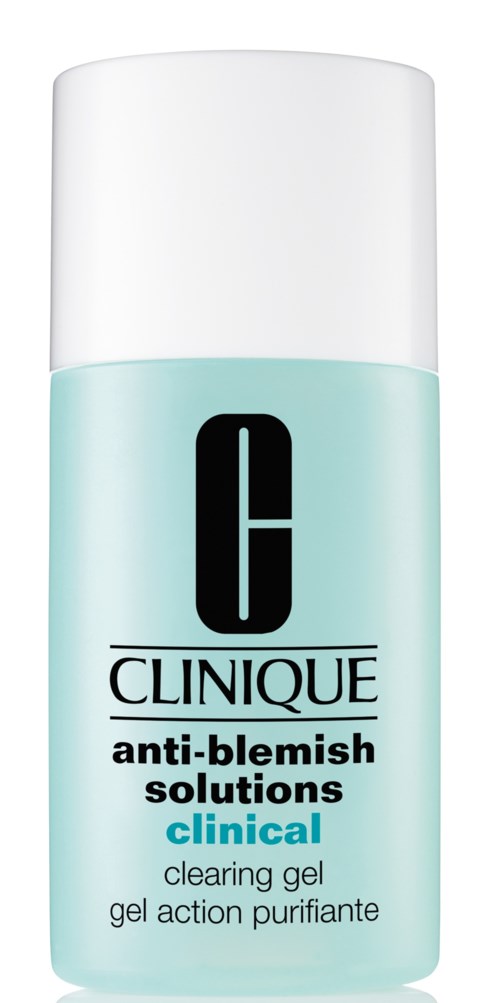 Lys blå geléflaske med hvit lokk, merket 'Clinique anti-blemish solutions clinical.'