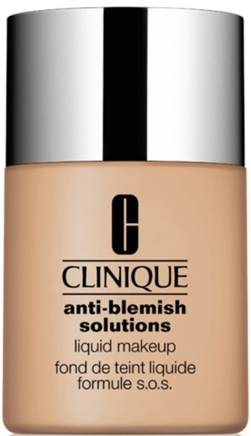 En flaska Clinique anti-blemish flytande makeup med en glänsande silverkapsel.