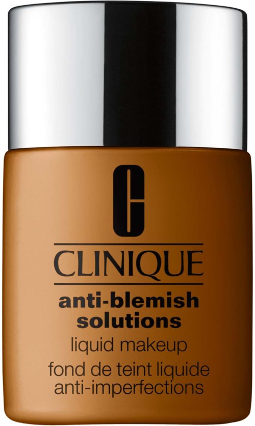En flaska Clinique anti-blemish solution flytande makeup i beige med silvrigt lock.